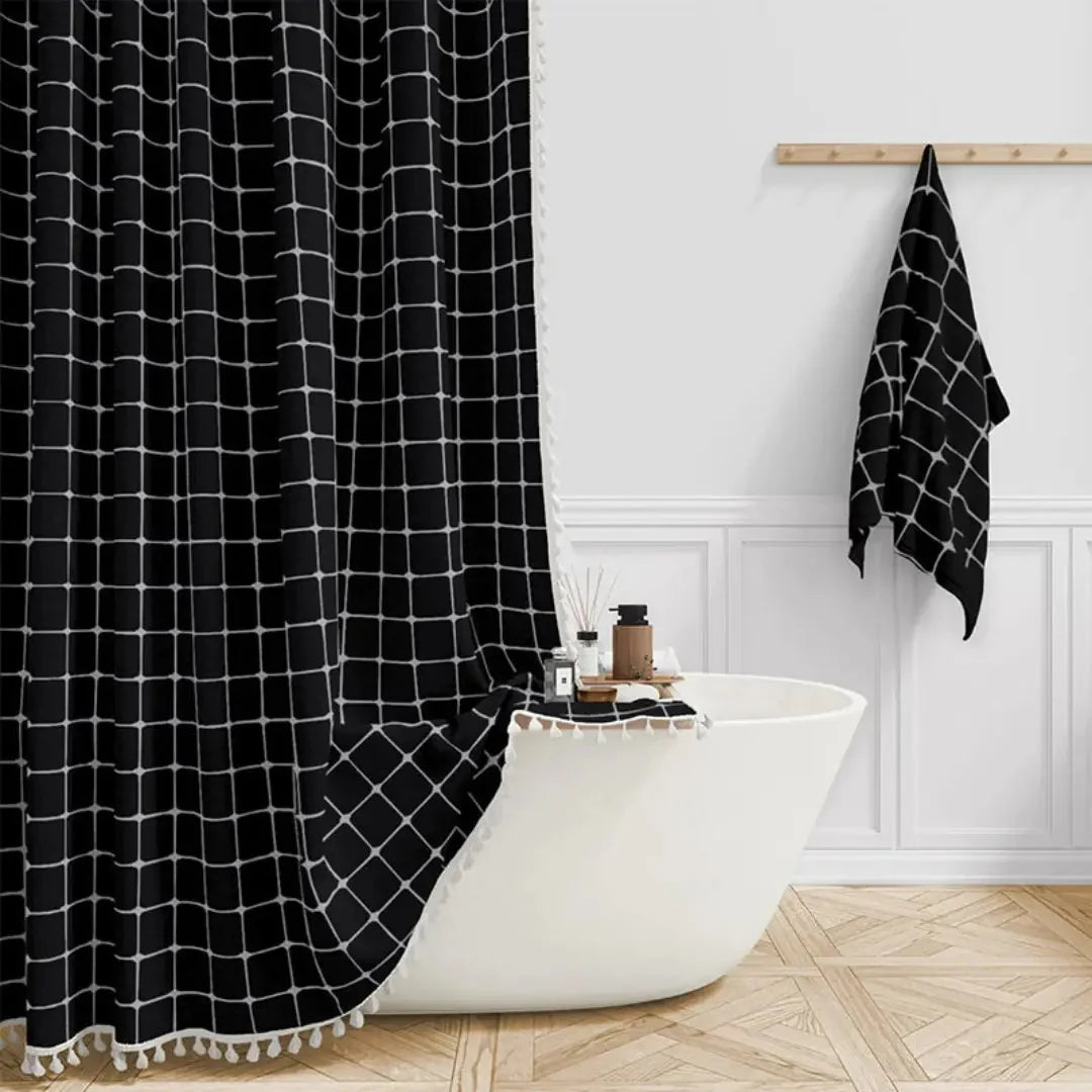 Shower Curtain Linen Waterproof Tassel Trim
