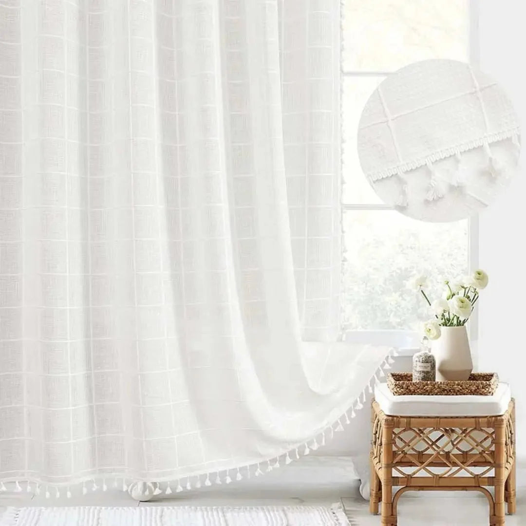 Shower Curtain Linen Waterproof Tassel Trim