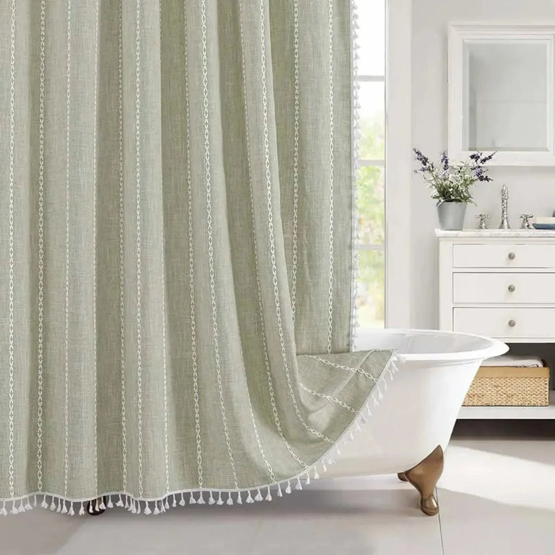 Shower Curtain Linen Waterproof Tassel Trim