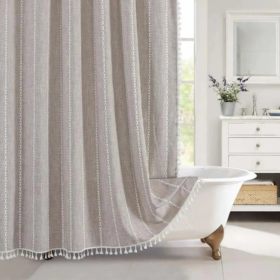 Shower Curtain Linen Waterproof Tassel Trim