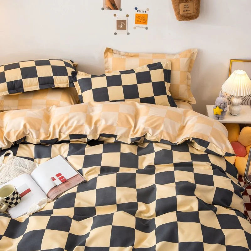 Single Bed Bedding Set Checkered Polyester Twill Three Piece