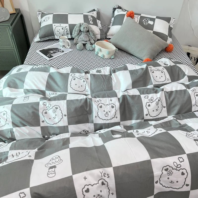 Single Bed Bedding Set Checkered Polyester Twill Three Piece
