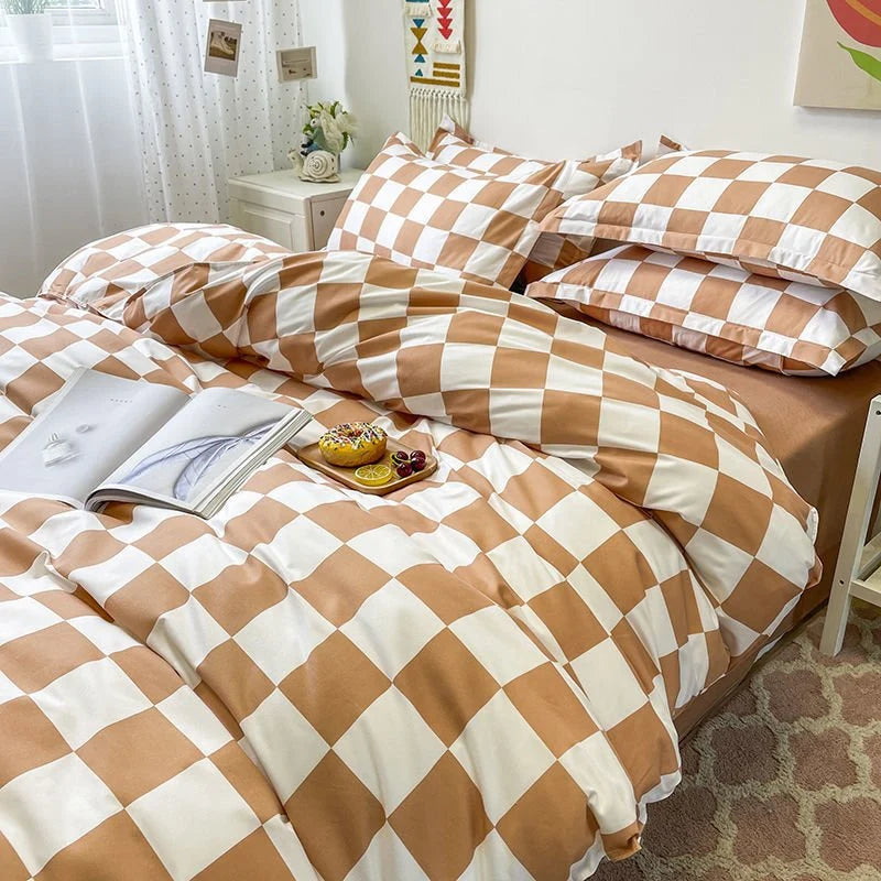 Single Bed Bedding Set Checkered Polyester Twill Three Piece