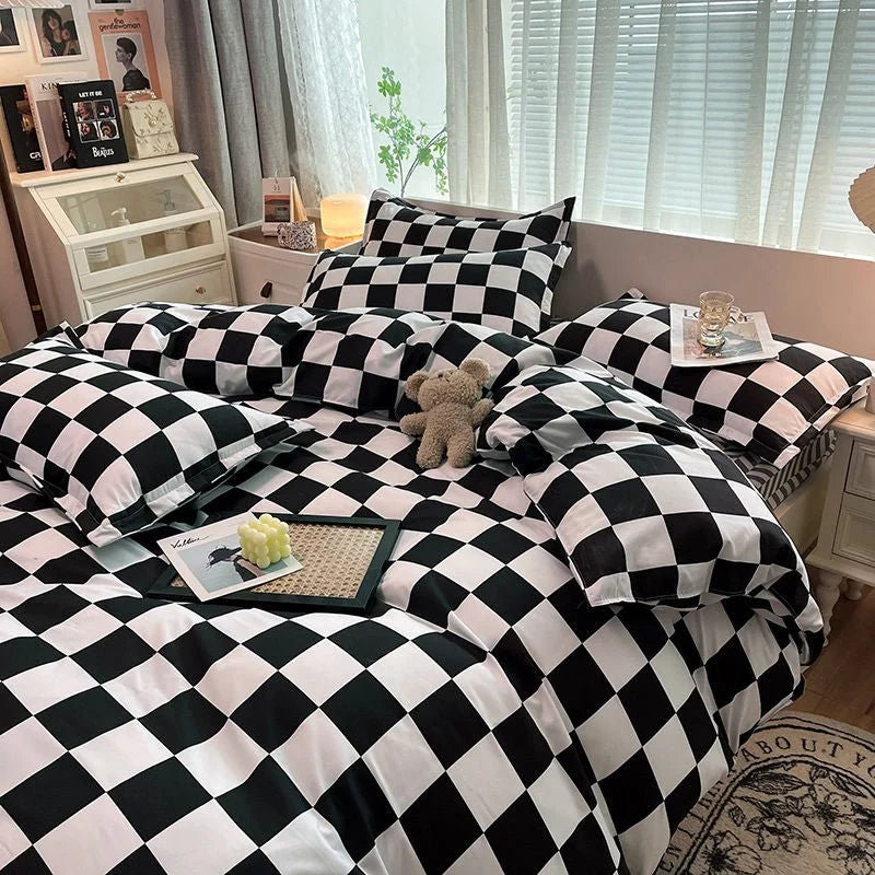 Single Bed Bedding Set Checkered Polyester Twill Three Piece