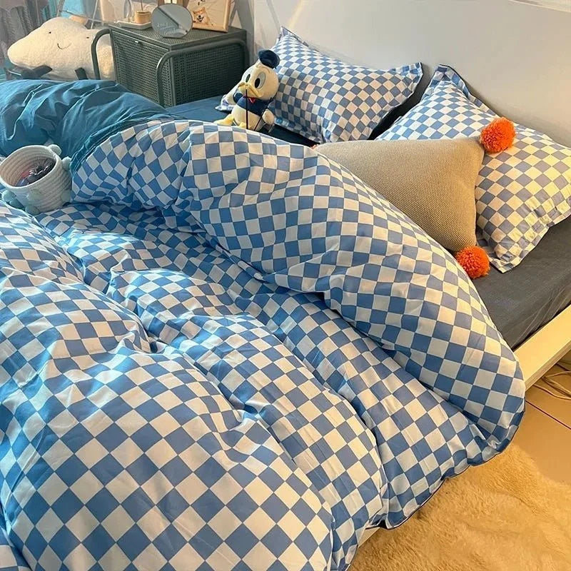 Single Bed Bedding Set Checkered Polyester Twill Three Piece