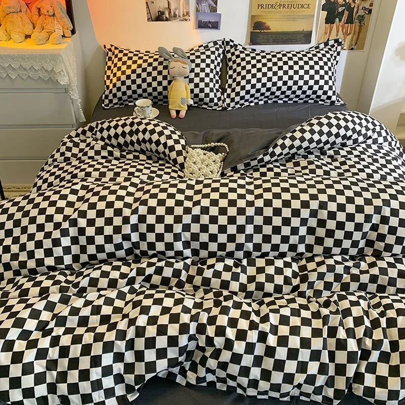 Single Bed Bedding Set Checkered Polyester Twill Three Piece