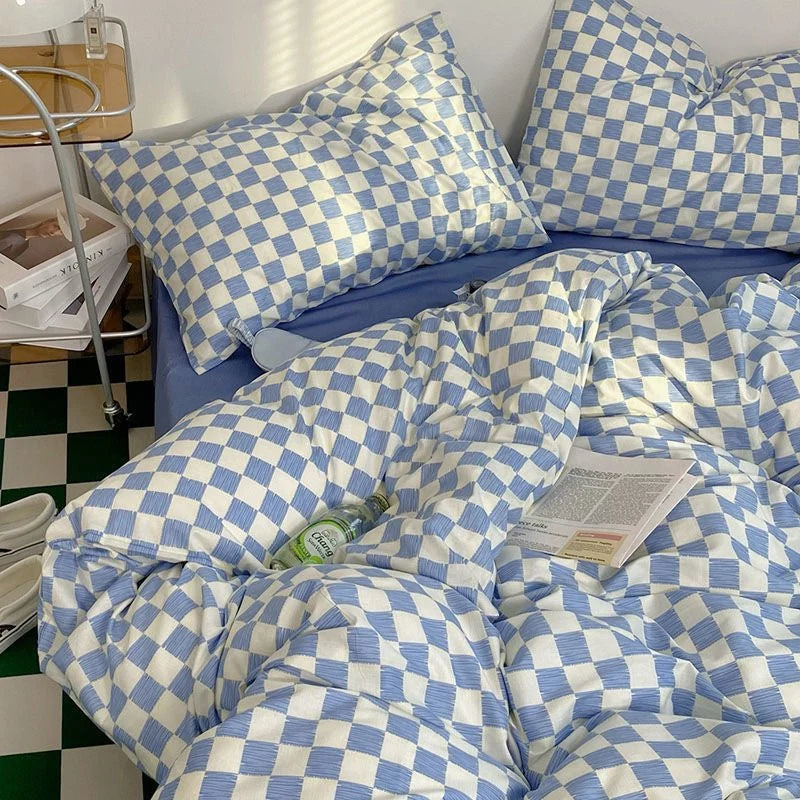 Single Bed Bedding Set Checkered Polyester Twill Three Piece