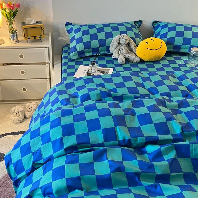 Single Bed Bedding Set Checkered Polyester Twill Three Piece