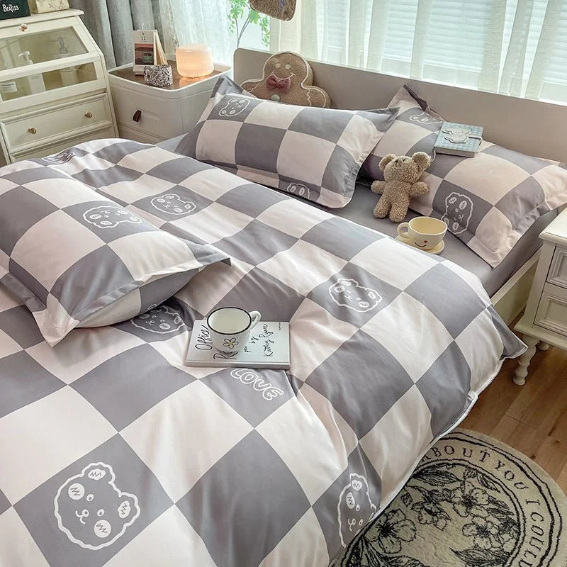 Single Bed Bedding Set Checkered Polyester Twill Three Piece