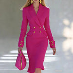Skirt Suit Set Double-Breasted Stretch Woven Gold Buttons