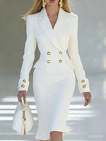 Skirt Suit Set Double-Breasted Stretch Woven Gold Buttons
