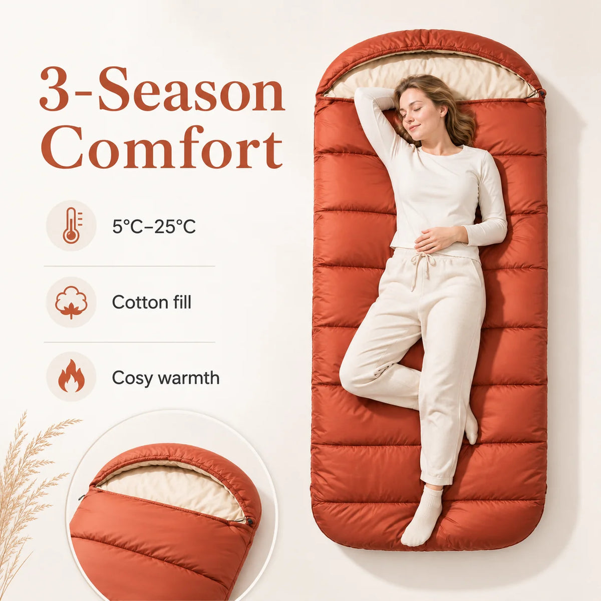Sleeping Bag 3-Season Extra-Wide Cotton Fill