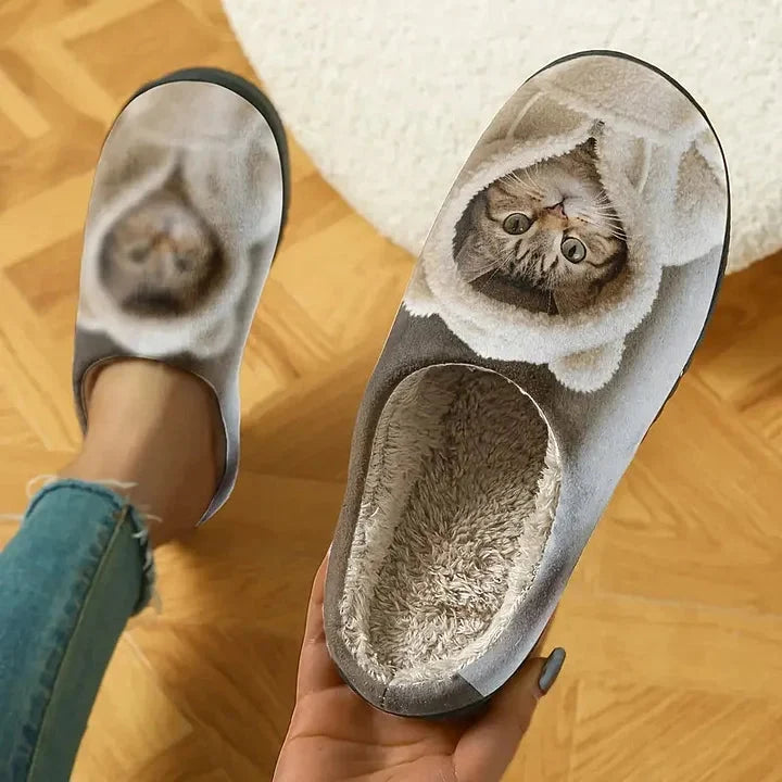 Slippers 3D Cat Design Faux Fur Lining Non-Slip Sole