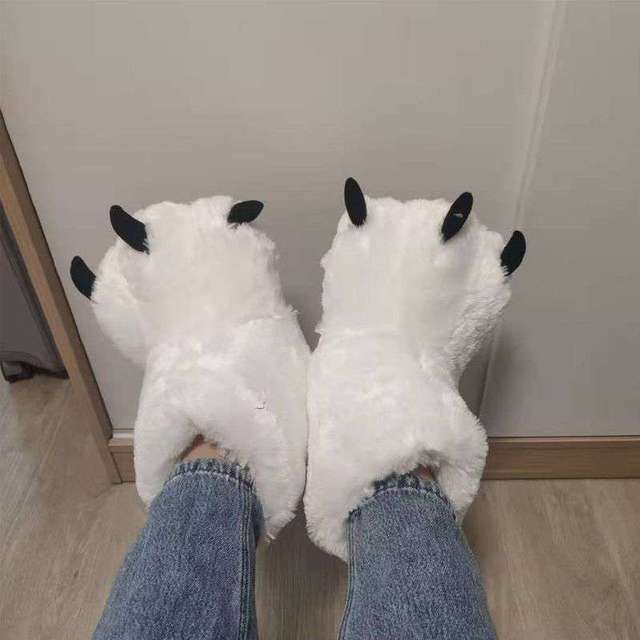 Slippers Plush Bear Paw Warm Lining Non-Slip Rubber Sole