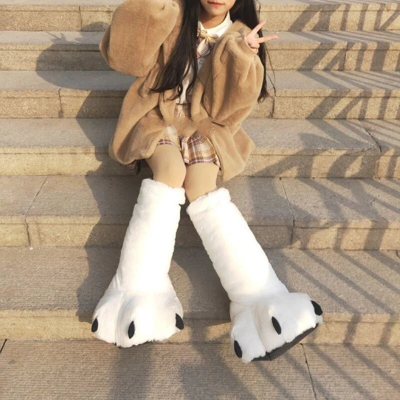 Slippers Plush Bear Paw Warm Lining Non-Slip Rubber Sole