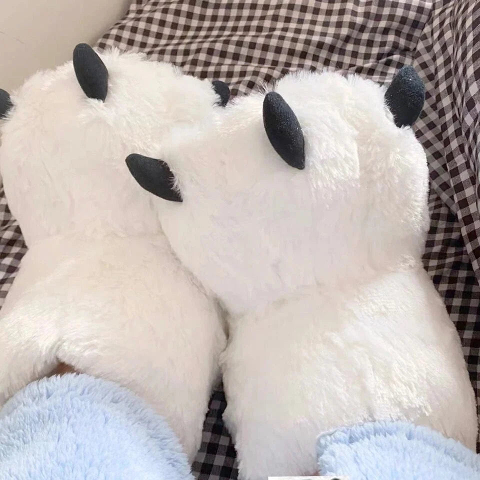 Slippers Plush Bear Paw Warm Lining Non-Slip Rubber Sole
