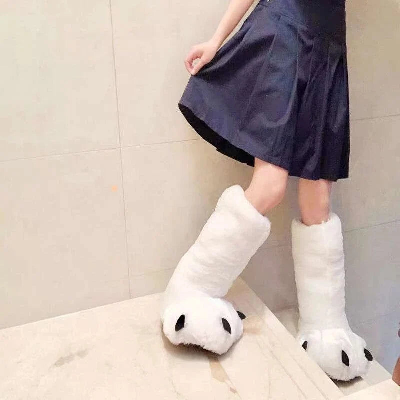 Slippers Plush Bear Paw Warm Lining Non-Slip Rubber Sole