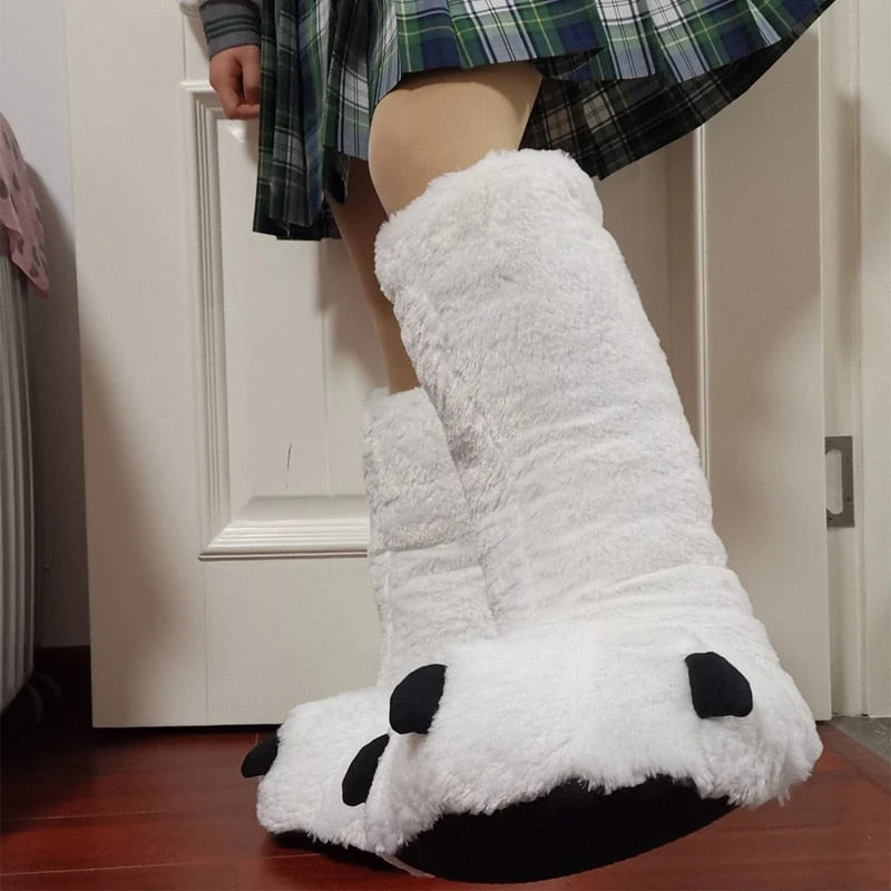 Slippers Plush Bear Paw Warm Lining Non-Slip Rubber Sole