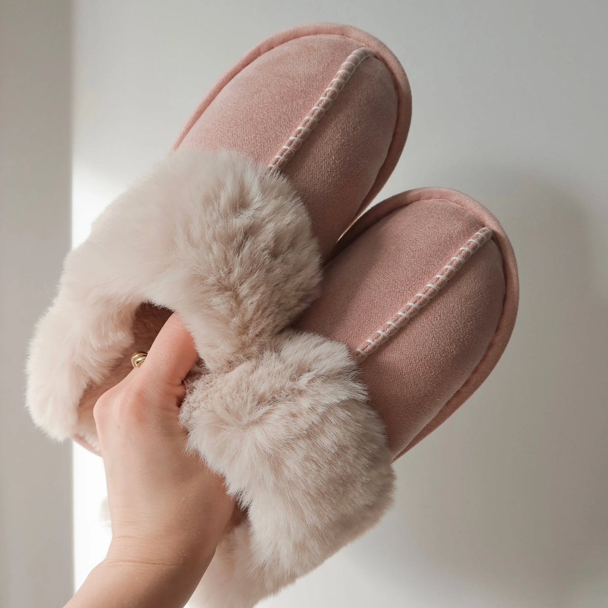 Slippers Plush Faux Fur Upper Rubber Sole Slip-On Design