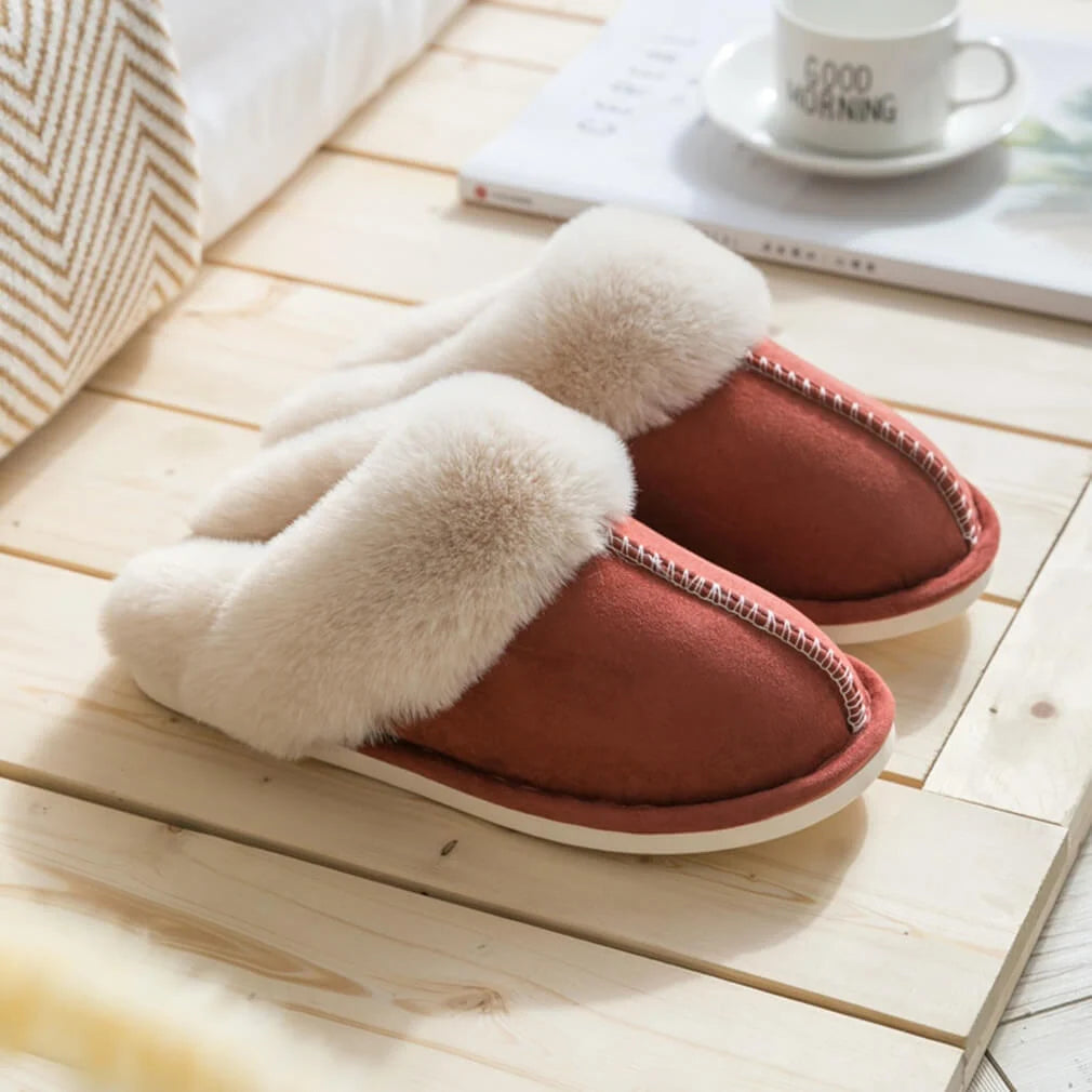 Slippers Plush Faux Fur Upper Rubber Sole Slip-On Design