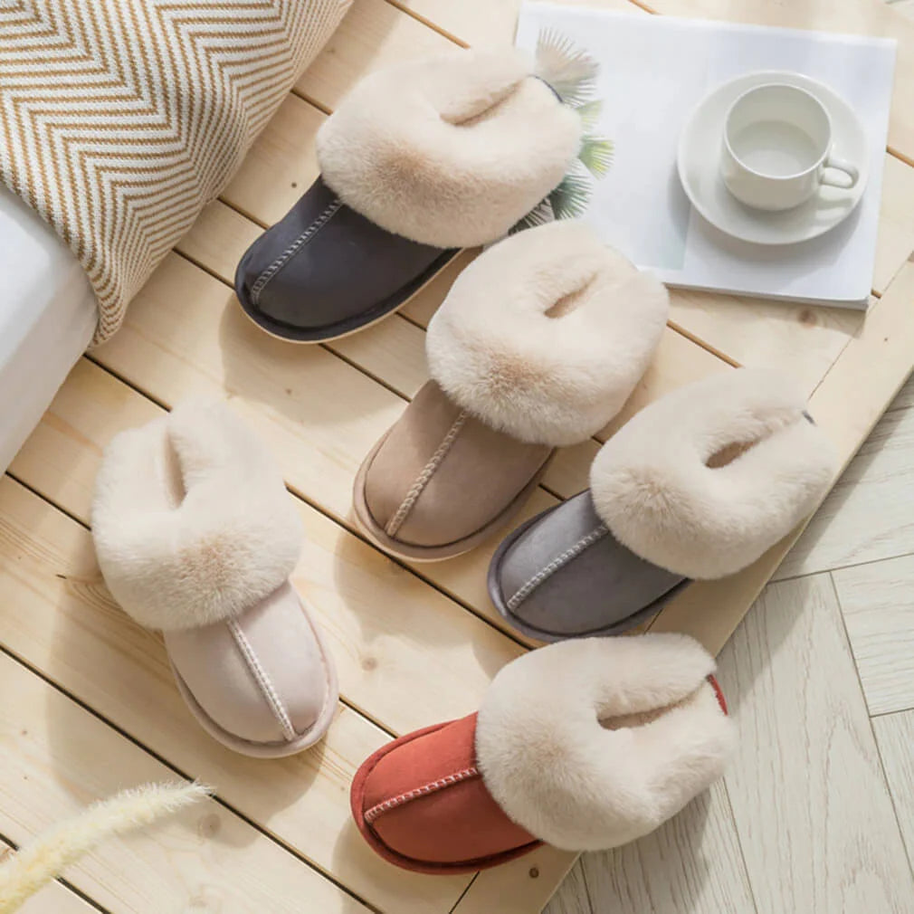 Slippers Plush Faux Fur Upper Rubber Sole Slip-On Design
