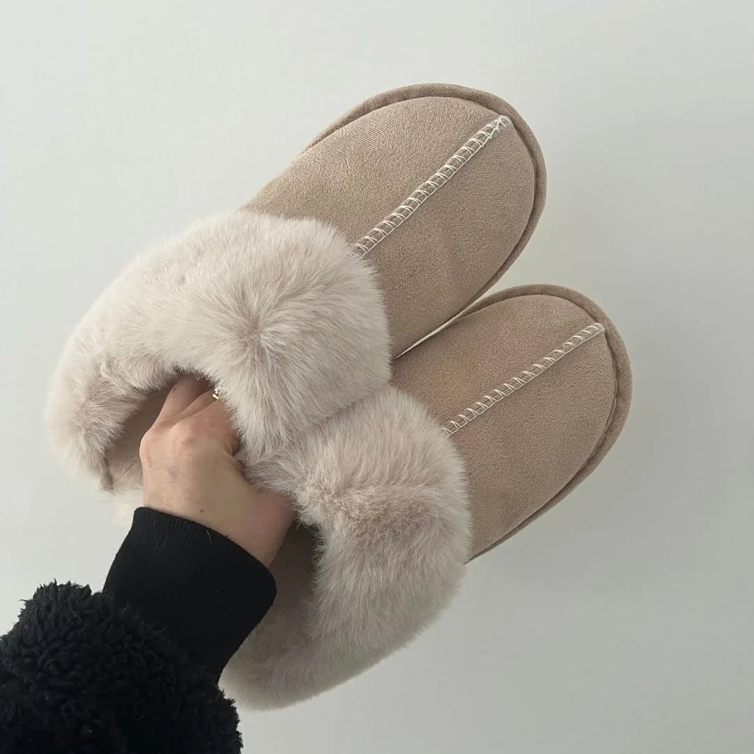 Slippers Plush Faux Fur Upper Rubber Sole Slip-On Design