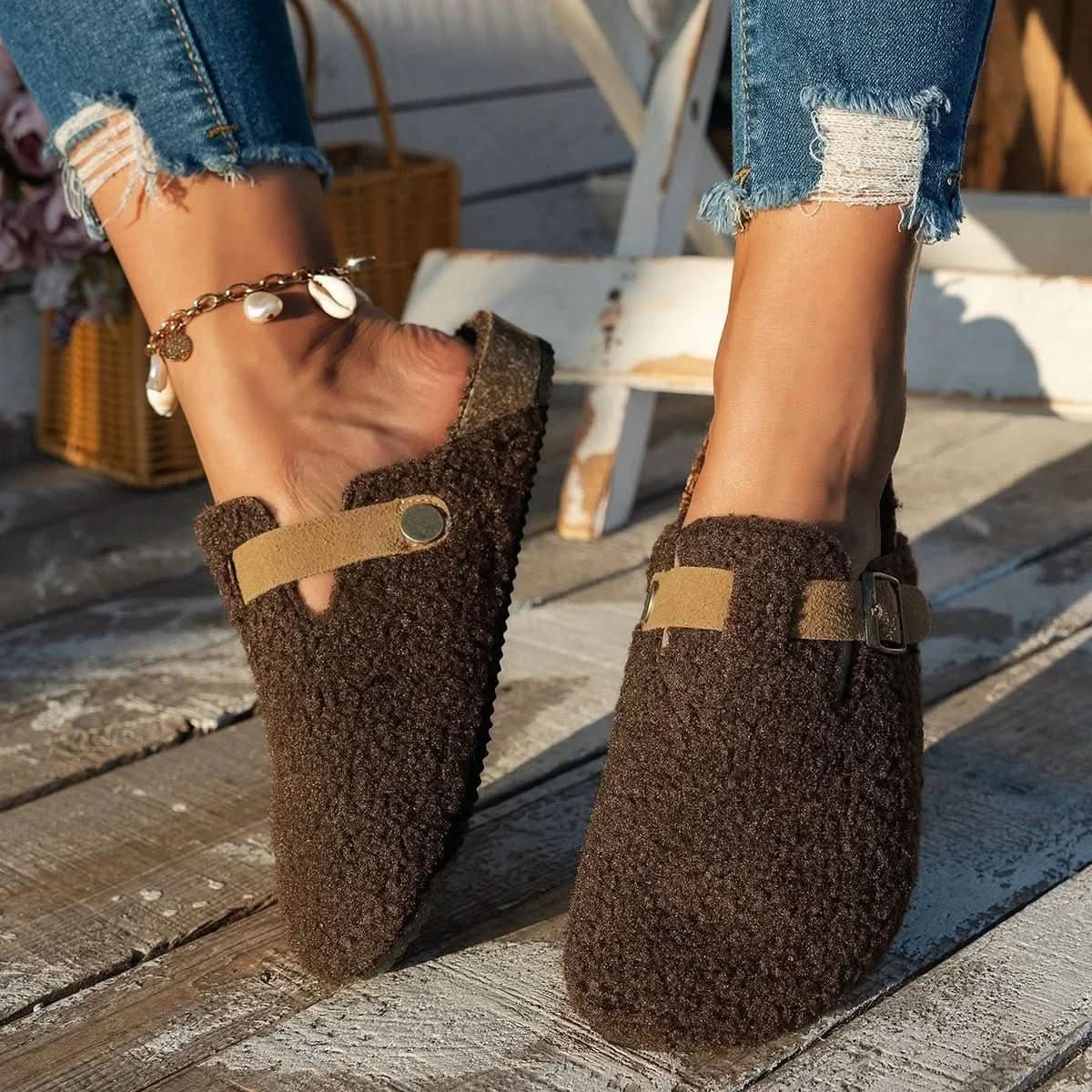Slippers Plush Lined Open-Back Non-Slip Sole