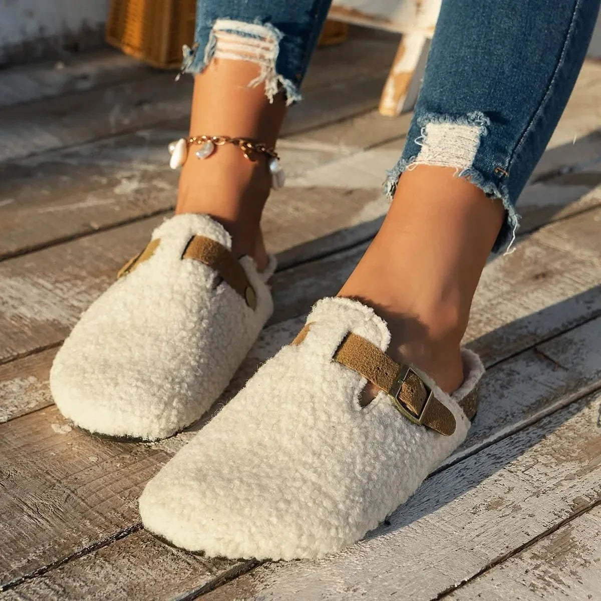 Slippers Sheepskin Lined Non-Slip Rubber Sole Mule Style
