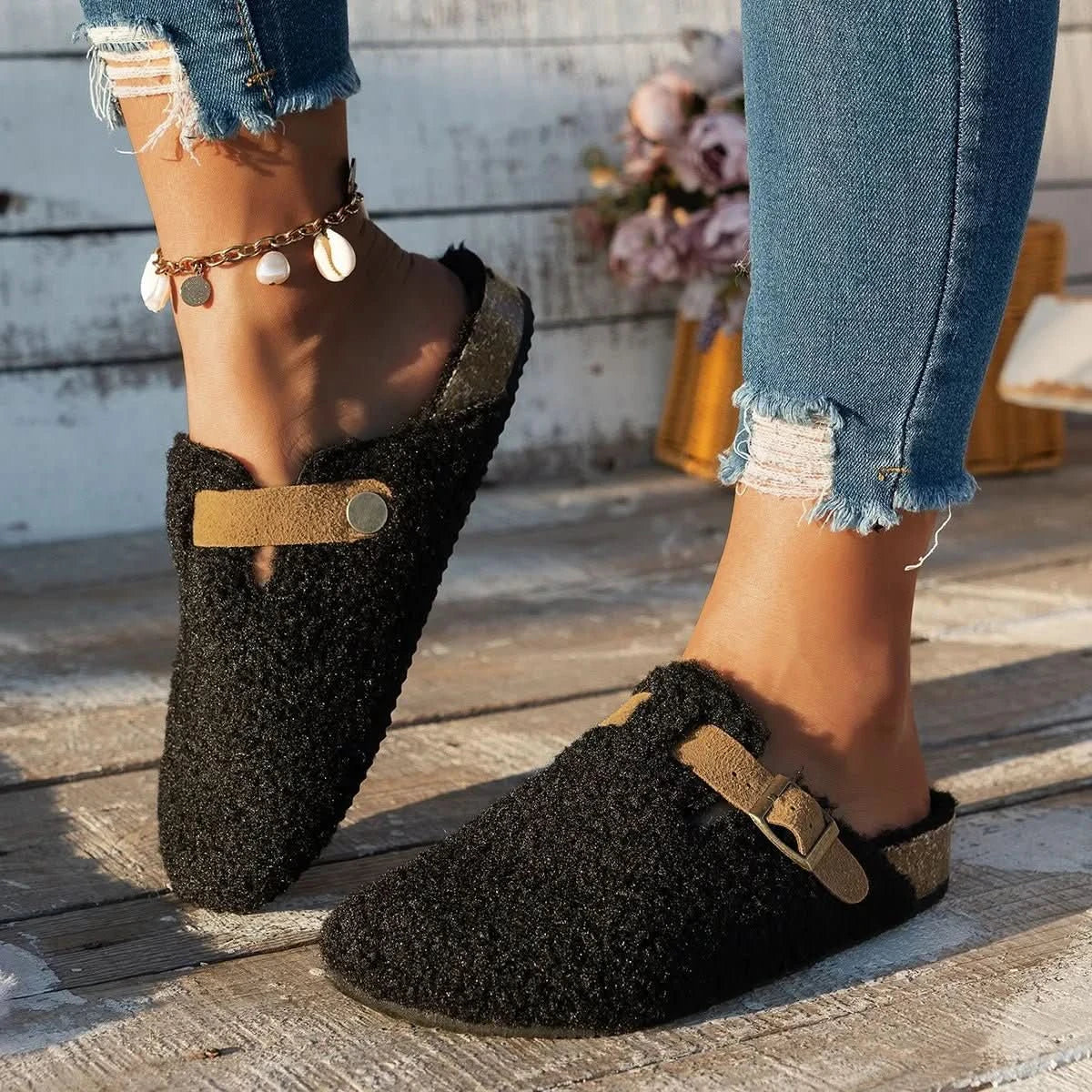 Slippers Sheepskin Lined Non-Slip Rubber Sole Mule Style