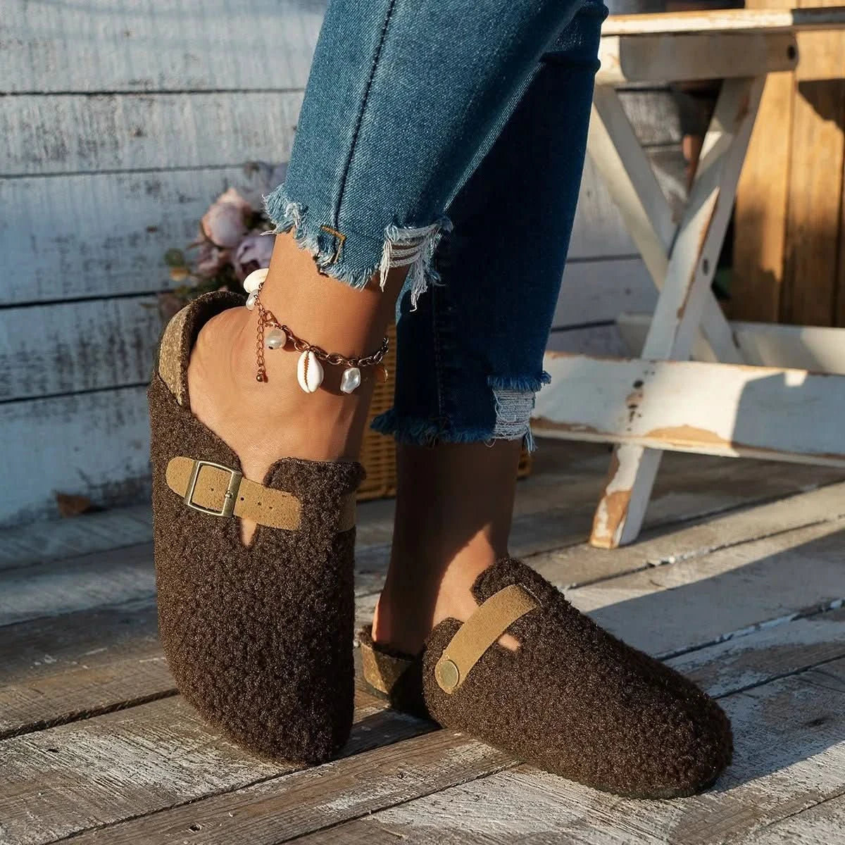 Slippers Sheepskin Lined Non-Slip Rubber Sole Mule Style