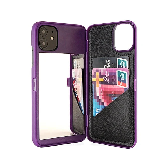 Smartphone Wallet Case Built-In Mirror Card Storage Shock-Resistant Protection
