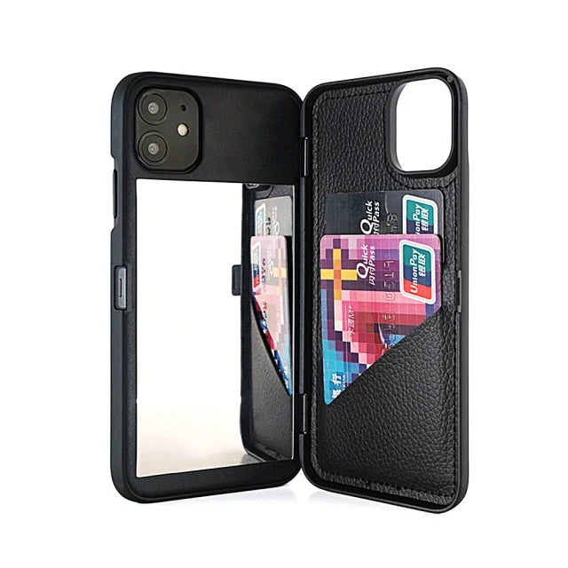 Smartphone Wallet Case Built-In Mirror Card Storage Shock-Resistant Protection