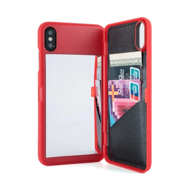 Smartphone Wallet Case Built-In Mirror Card Storage Shock-Resistant Protection