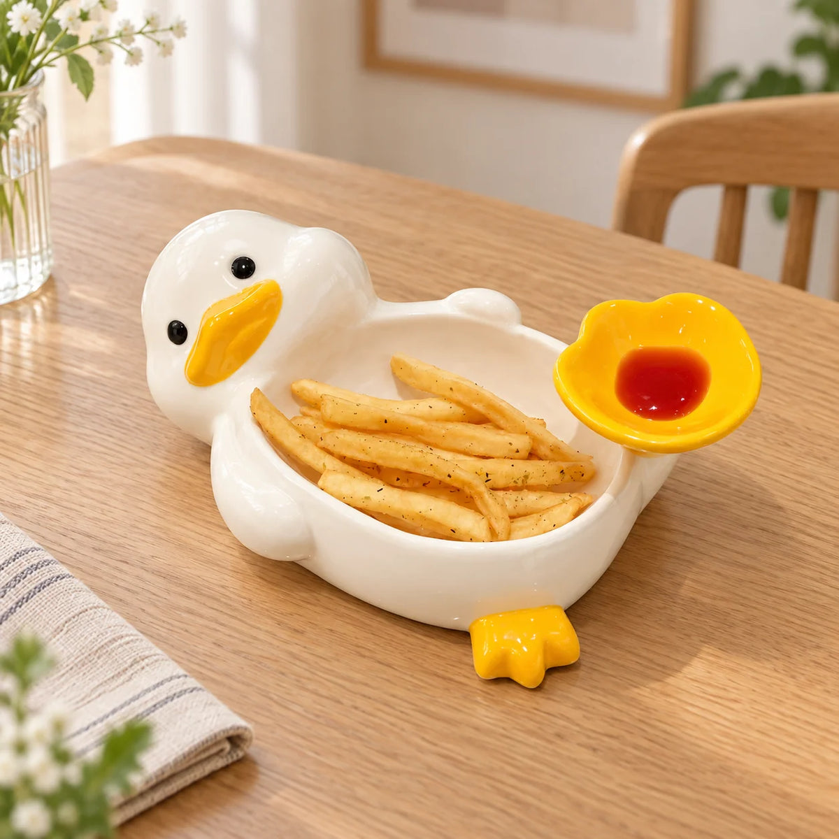 Snack Bowl Ceramic Duck-Shaped Raised Dip Compartment