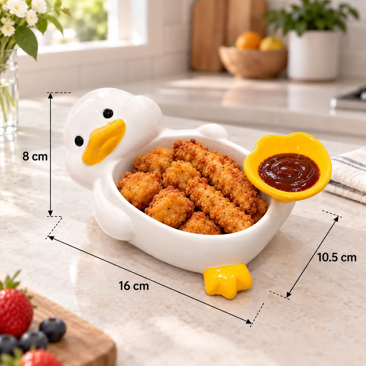Snack Bowl Ceramic Duck-Shaped Raised Dip Compartment