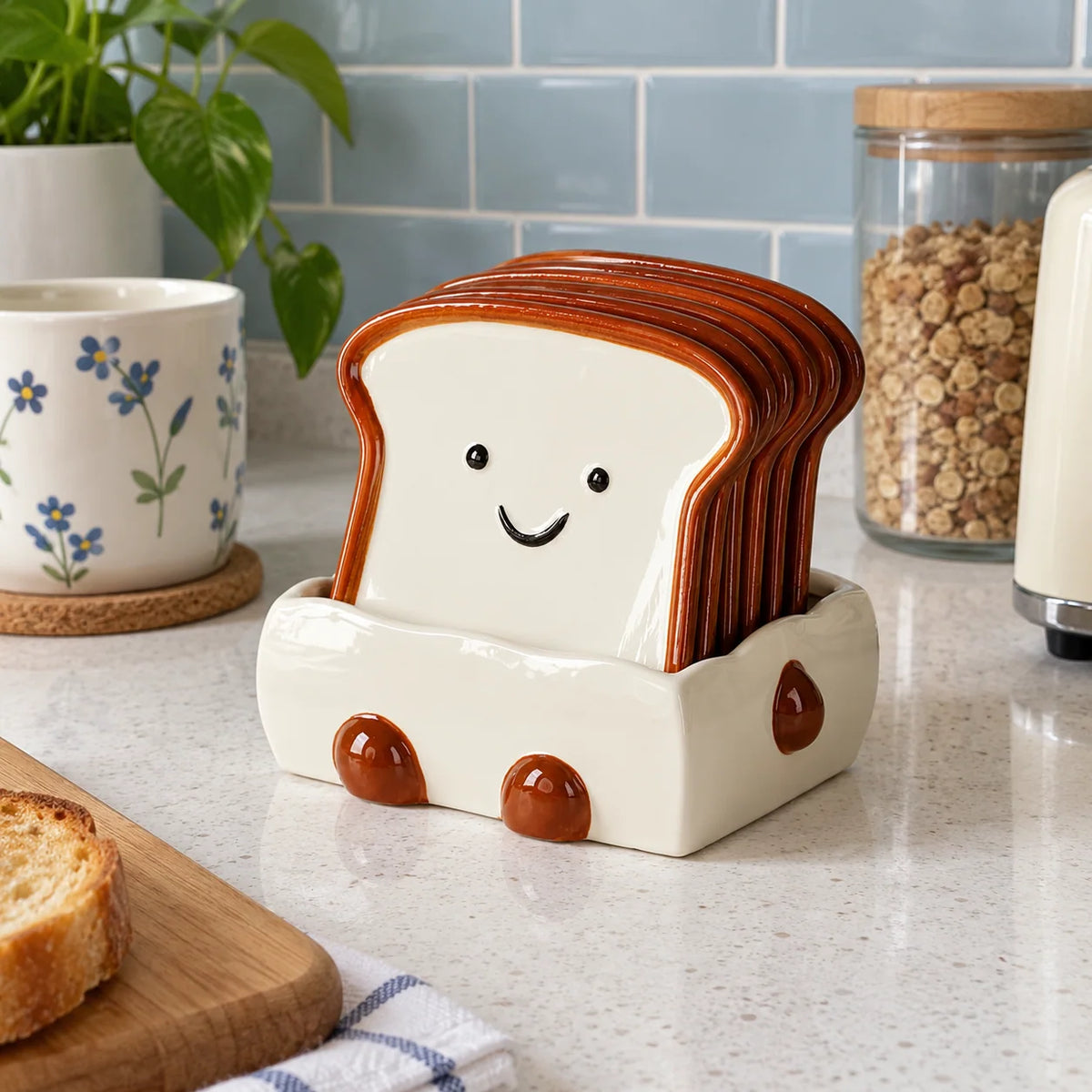 Snack Plate Ceramic Toast Shape with Display Base