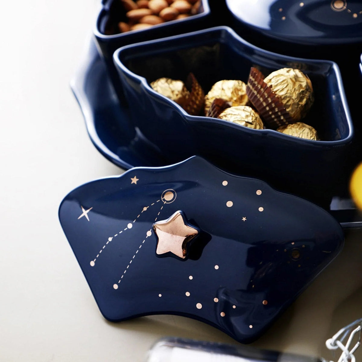 Snack Plate Rotating Ceramic 5 Compartments Star Pattern