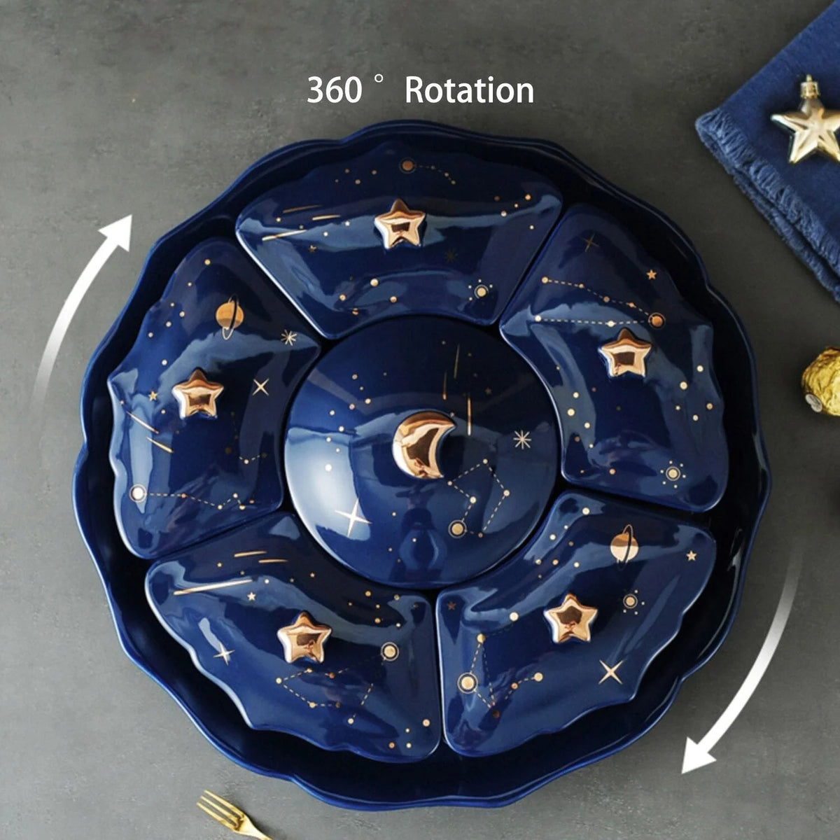 Snack Plate Rotating Ceramic 5 Compartments Star Pattern