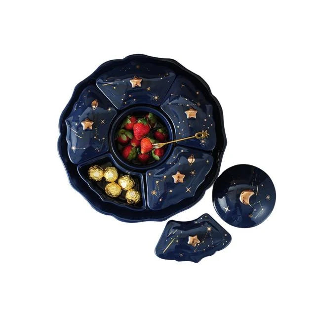 Snack Plate Rotating Ceramic 5 Compartments Star Pattern