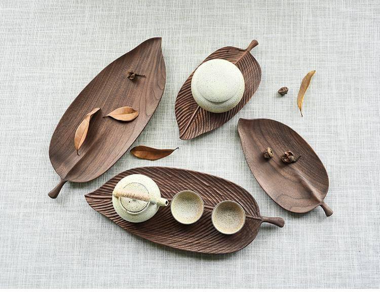 Snack Tray Solid Walnut Leaf-Shaped