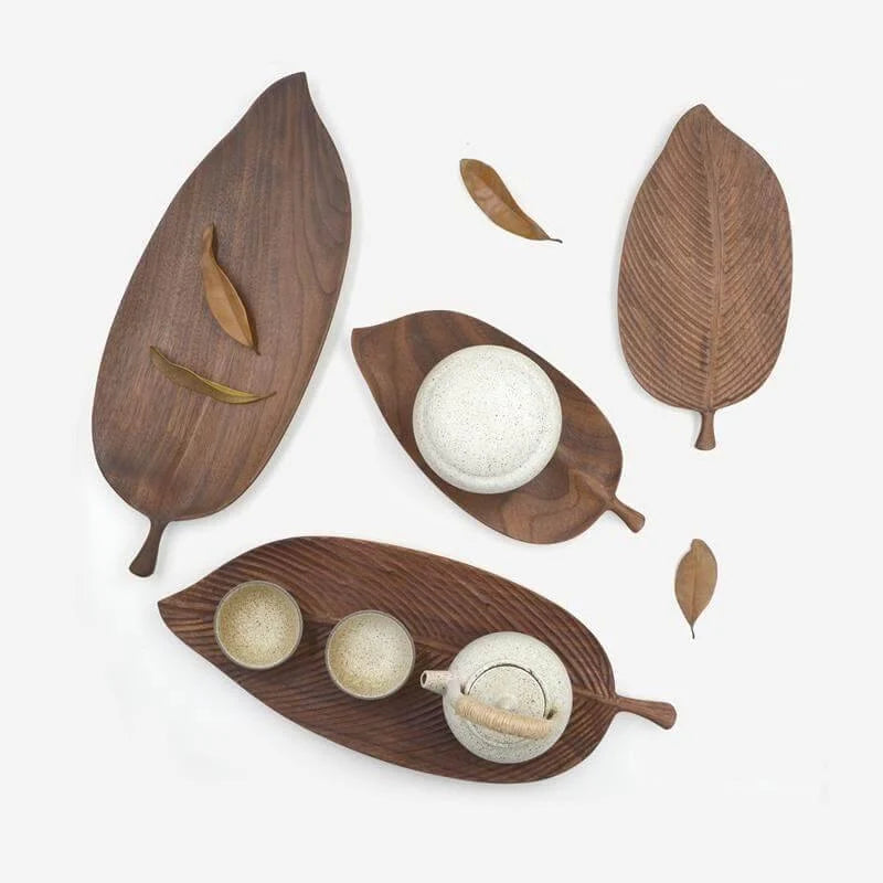 Snack Tray Solid Walnut Leaf-Shaped