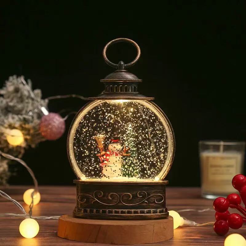 Snow Globe Lamp Glass Dome Warm LED Wooden Base