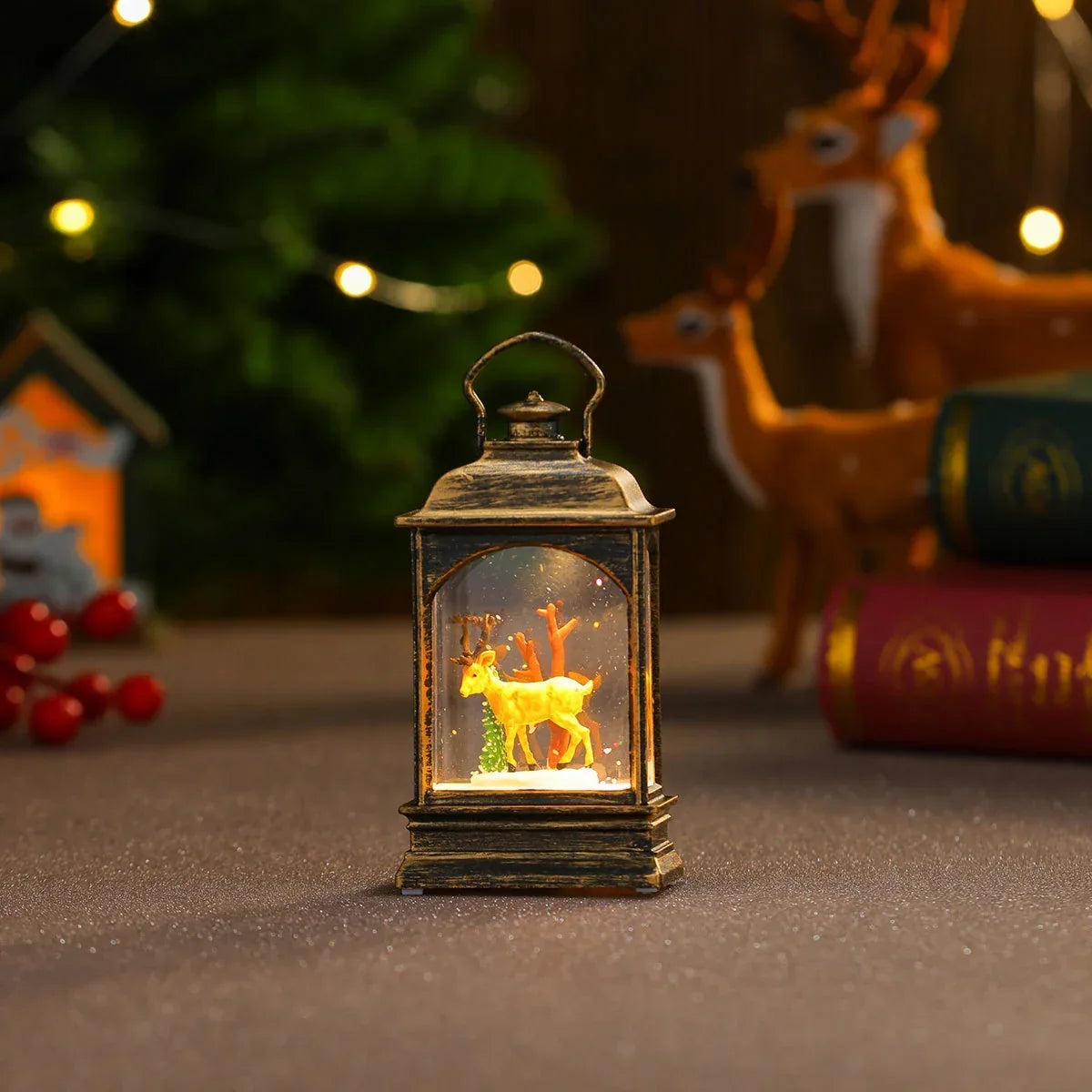 Snow Globe Lamp Glass Dome Warm LED Wooden Base