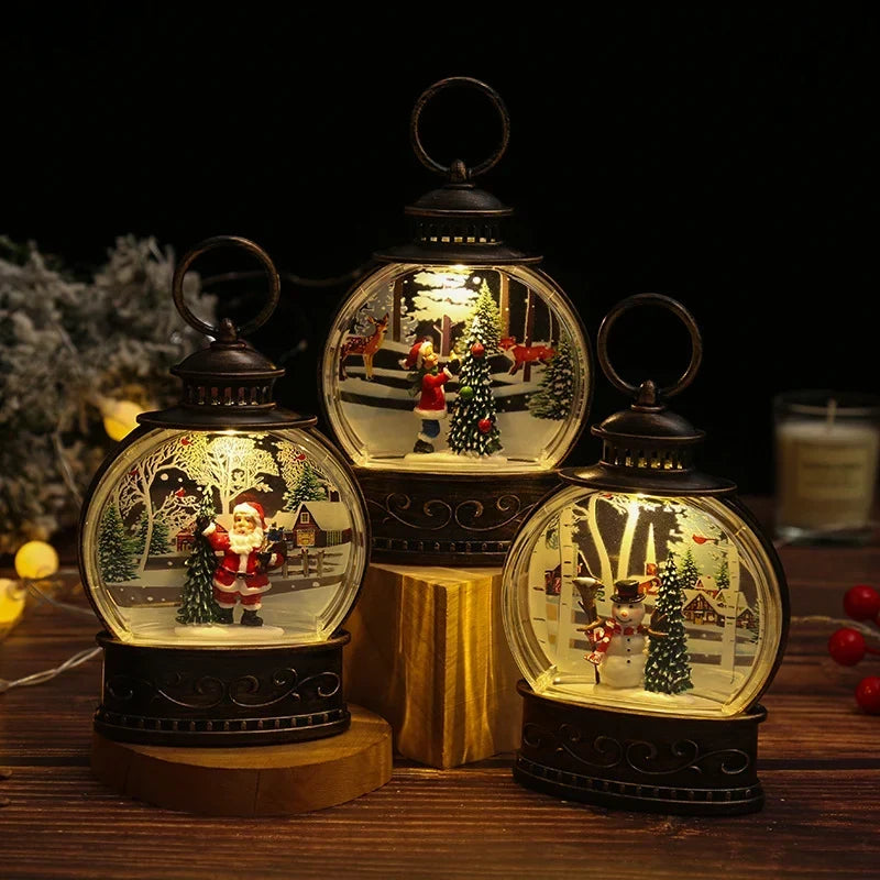 Snow Globe Lamp Glass Dome Warm LED Wooden Base