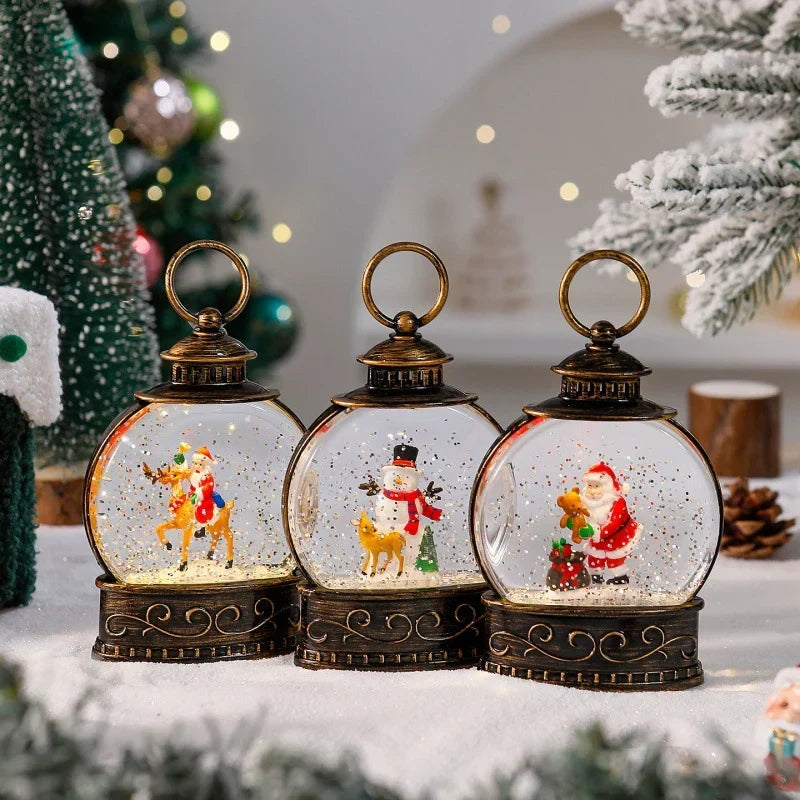 Snow Globe Lamp Glass Dome Warm LED Wooden Base