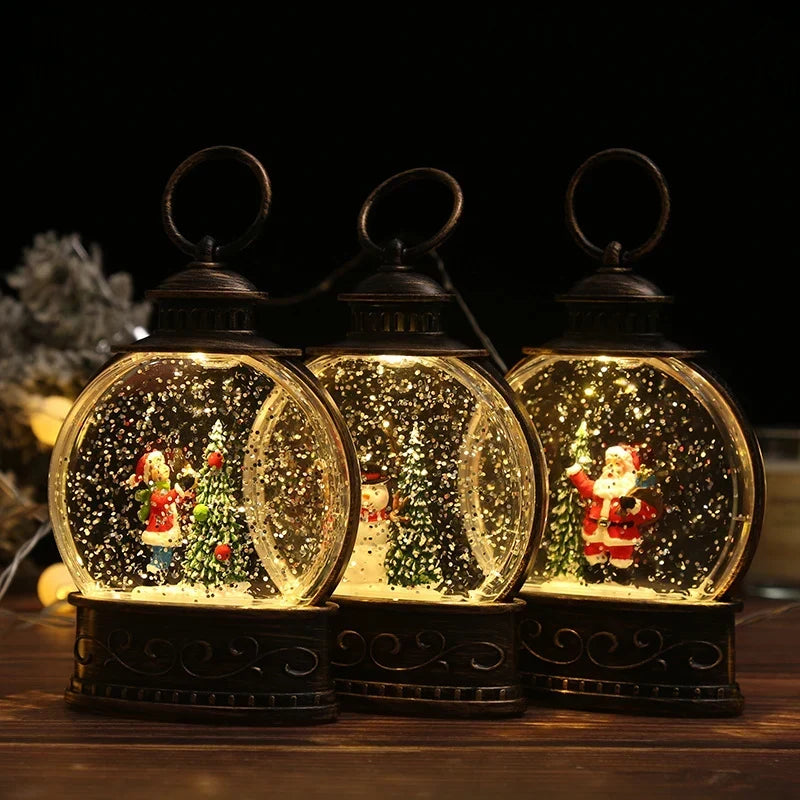 Snow Globe Lamp Glass Dome Warm LED Wooden Base