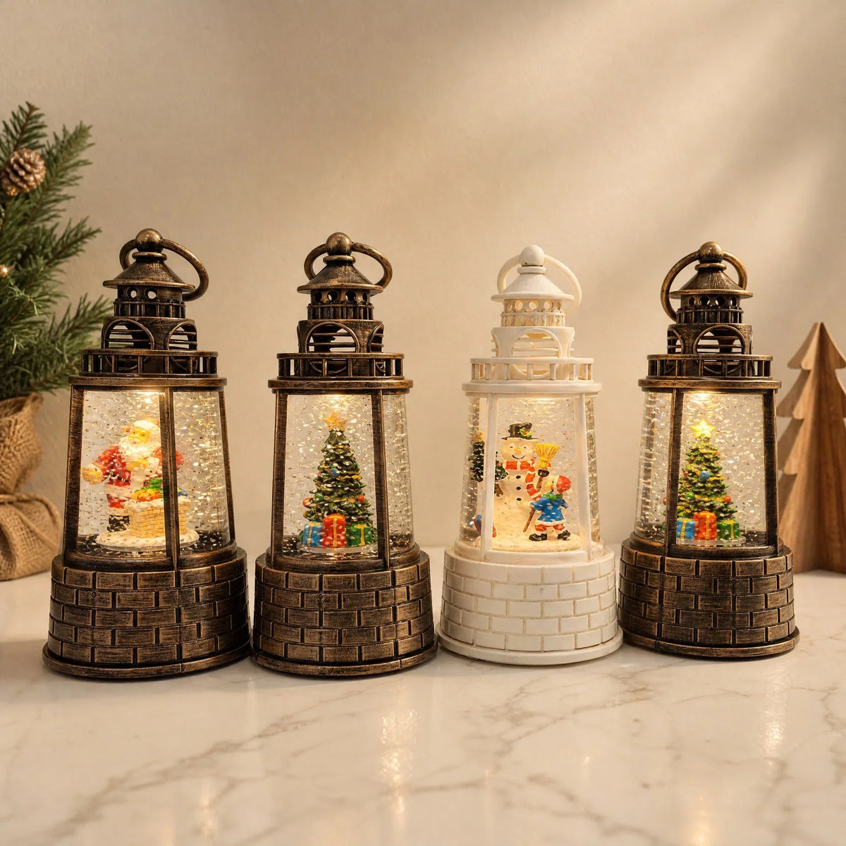 Snow Lantern Animated Snowman & Child Built In Light