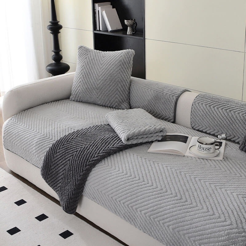 Sofa Cover Plush Velour Herringbone Non-Slip Backing