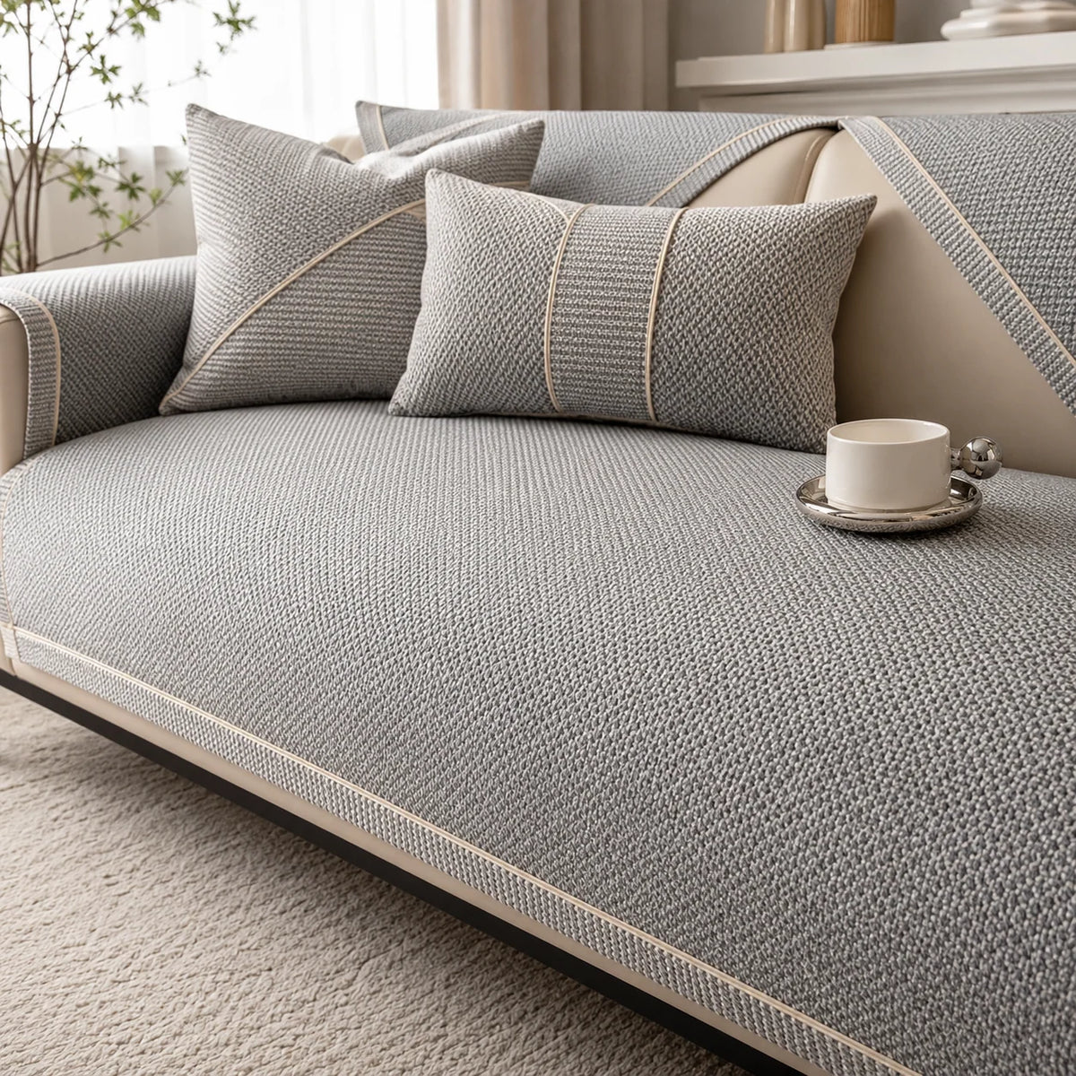 Sofa Cover Quilted Cotton-Linen Blend Non-Slip Backing
