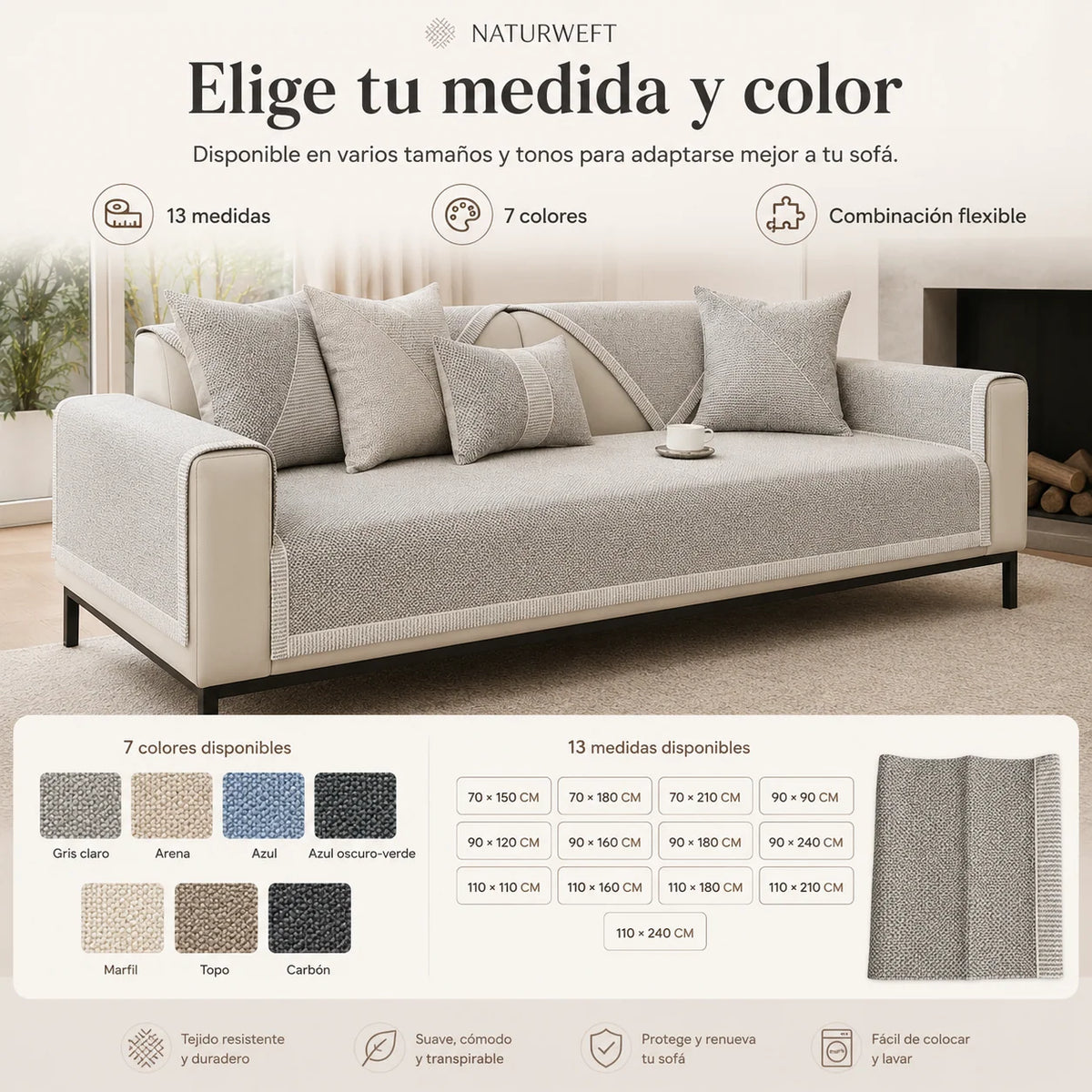 Sofa Cover Quilted Cotton-Linen Blend Non-Slip Backing